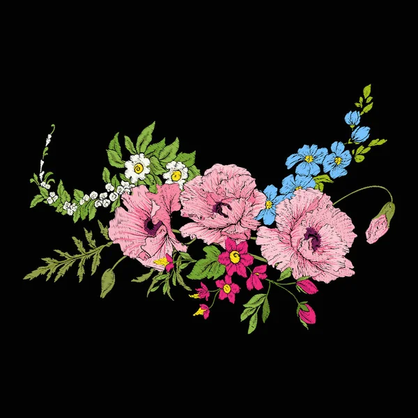 Nakış vintage çiçekler buket poppy, nergis, anemon, — Stok Vektör