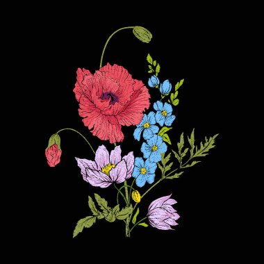 Nakış vintage çiçekler buket poppy, nergis, anemon,