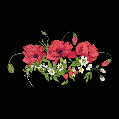 Nakış vintage çiçekler buket poppy, nergis, anemon,
