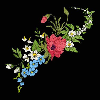 Nakış vintage çiçekler buket poppy, nergis, anemon,