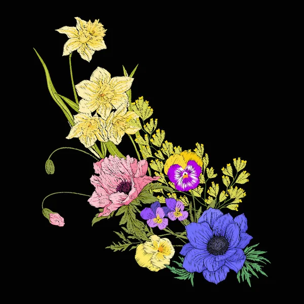 Hímzés vintage virágok csokor mák, nárcisz, anemone, — Stock Vector