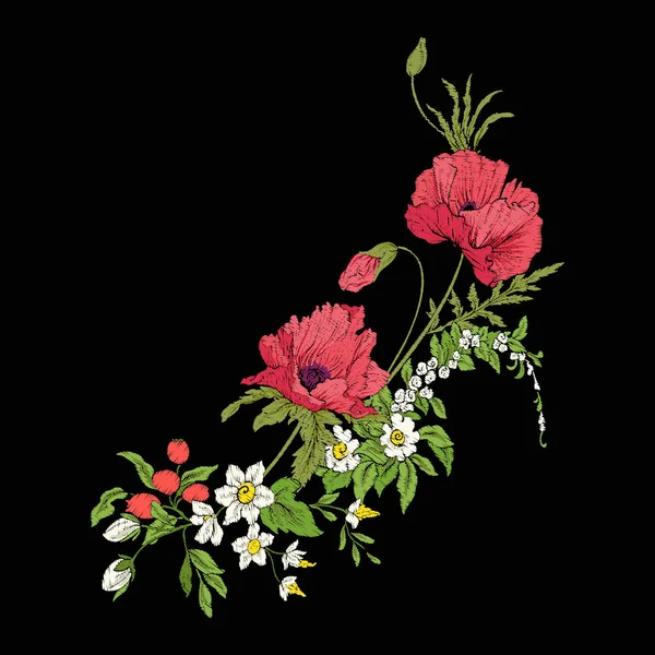 Borduurwerk vintage bloemen boeket van papaver, narcis, anemone, — Stockvector