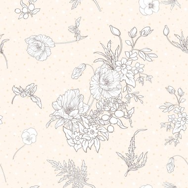 Haşhaş çiçekleri, nergis, anemon, violet ile Seamless Modeli