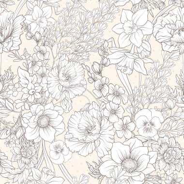 Haşhaş çiçekleri, nergis, anemon, violet ile Seamless Modeli