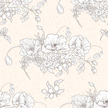 Haşhaş çiçekleri, nergis, anemon, violet ile Seamless Modeli