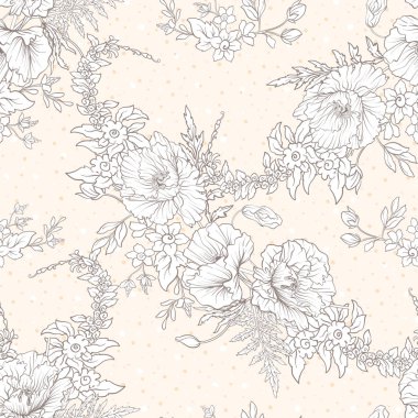 Haşhaş çiçekleri, nergis, anemon, violet ile Seamless Modeli