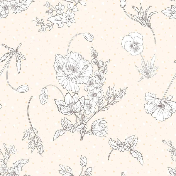 Nahtloses Muster mit Mohnblüten, Narzissen, Anemonen, Veilchen — Stockvektor