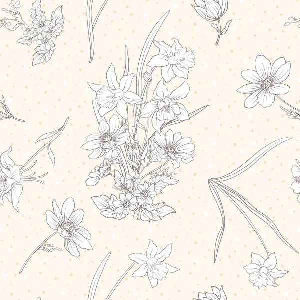 Wzór z kwiatami maku, żonkile, zawilce, fioletowy — Wektor stockowy