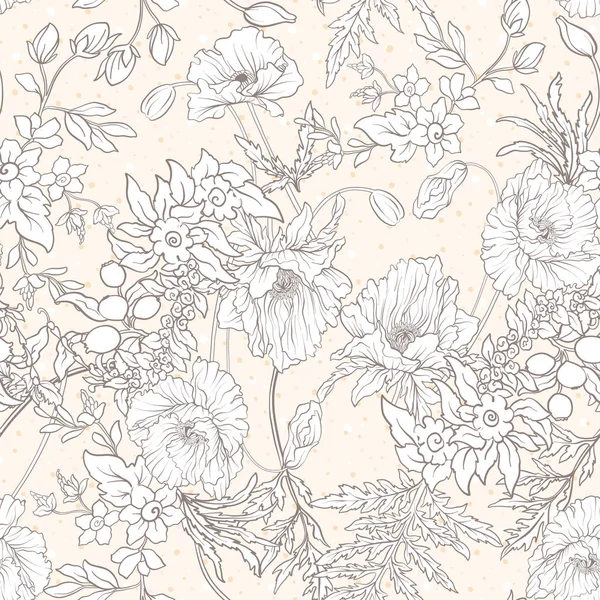 Patrón sin costuras con flores de amapola, narcisos, anémonas, violeta — Vector de stock