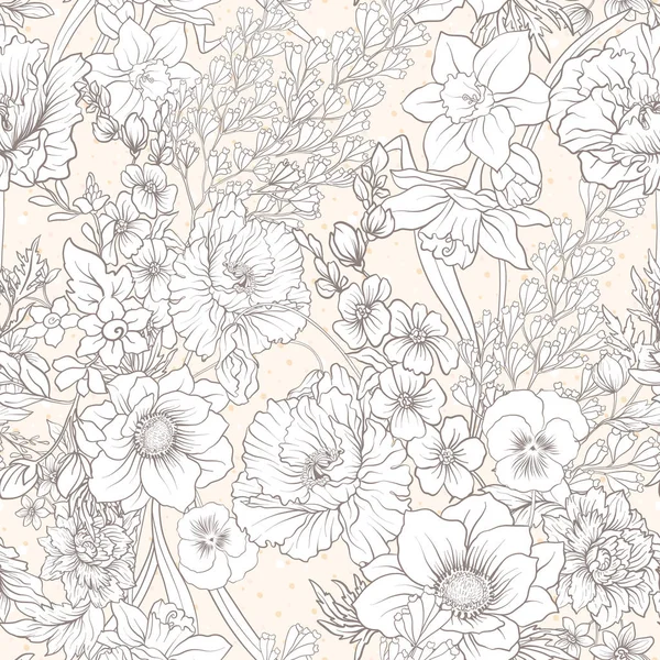 Wzór z kwiatami maku, żonkile, zawilce, fioletowy — Wektor stockowy