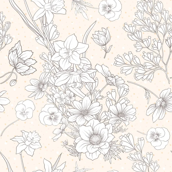 Patrón sin costuras con flores de amapola, narcisos, anémonas, violeta — Vector de stock