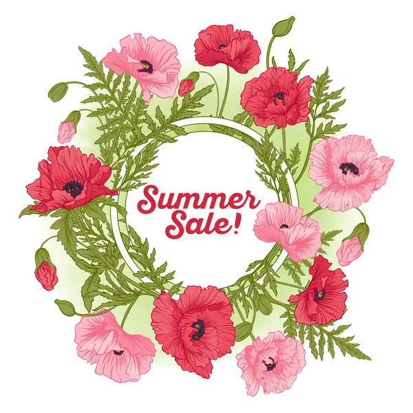 Summer sale card with red and pink poppy on green watercolor bac — Stock Vector