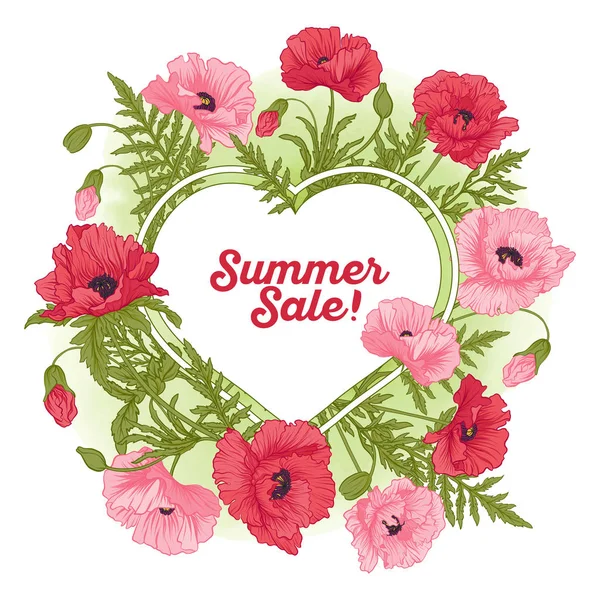 Summer sale card with red and pink poppy on green watercolor bac — Stock Vector