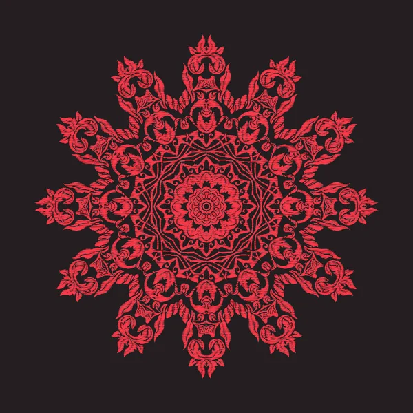 Borduurwerk mandala. In rood op zwarte achtergrond. Voorraad lijn vecto — Stockvector