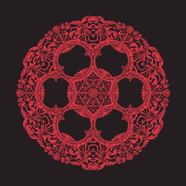 Nakış mandala. Siyah zemin üzerine kırmızı. Stok satırı vecto