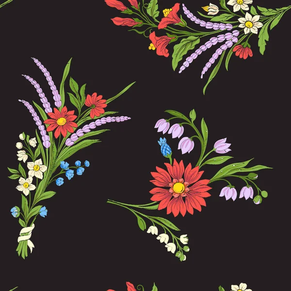 Patrón sin costuras con flores bordadas vintage — Vector de stock