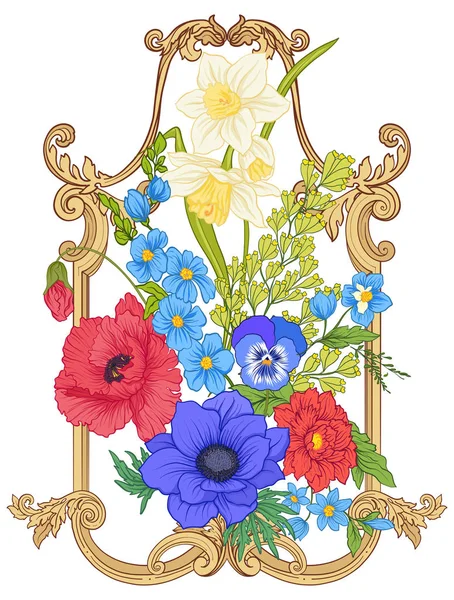 Flores de verano: amapola, narciso, anémona, violeta, en botánico s — Vector de stock