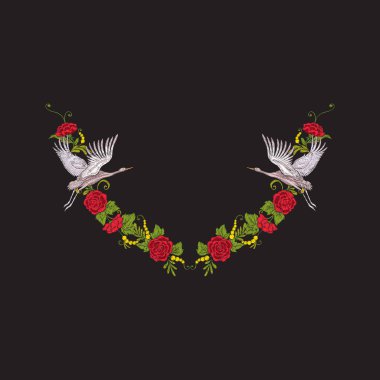 Nakış yaka çiçekleri ve siyah arka plan üzerine vinç ile.