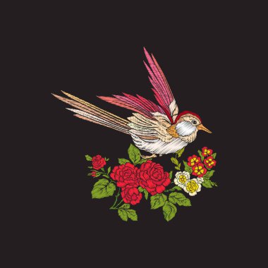 Nakış çiçekler ve siyah arka plan üzerinde yutmak.