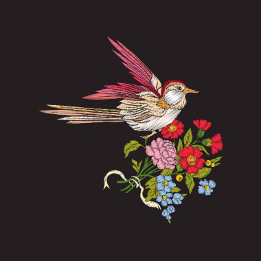 Nakış çiçekler ve siyah arka plan üzerinde yutmak.