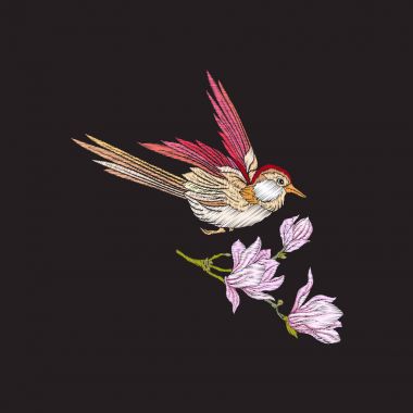 Nakış çiçekler ve siyah arka plan üzerinde yutmak.