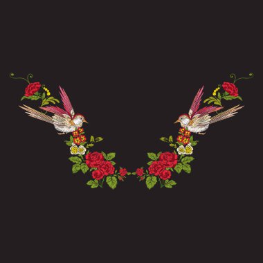 Çiçek ve Kırlangıç siyah arka plan üzerine nakış yaka