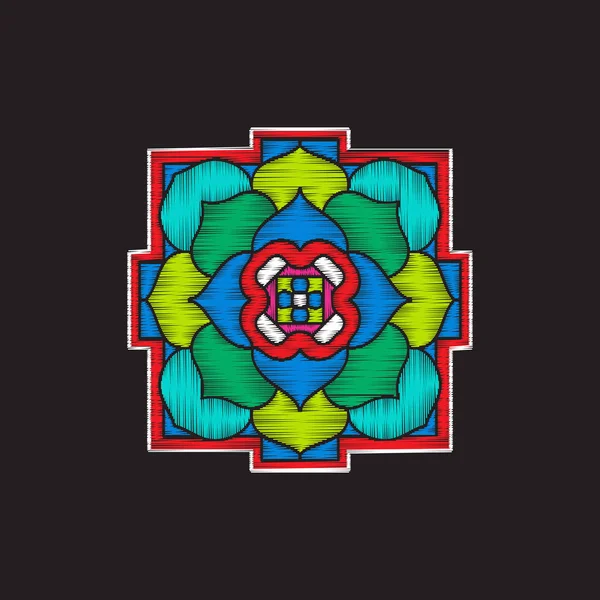 Broderie avec mandala tibétain sur fond noir . — Image vectorielle