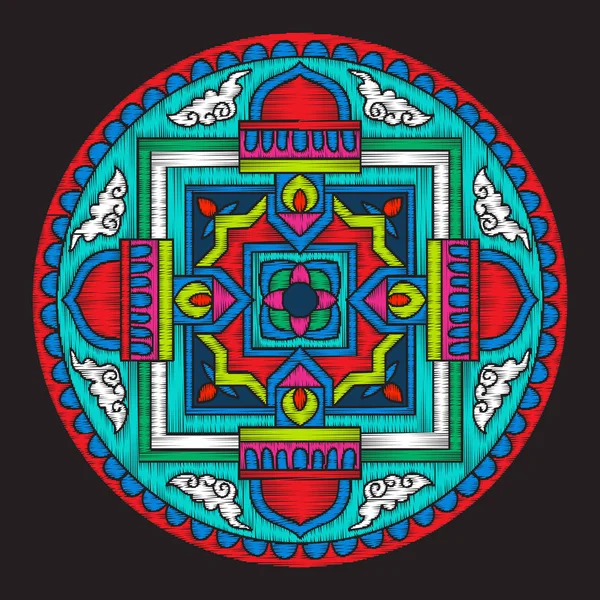 Bordado con mandala de tibet sobre fondo negro . — Vector de stock