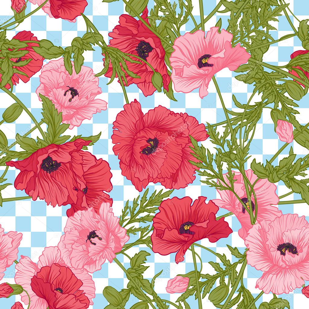 Seamless pattern with pink and red poppy flowers in botanical st