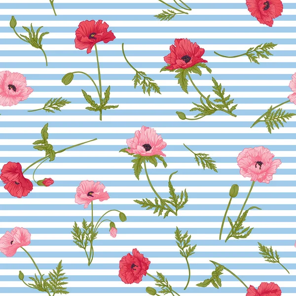 Motif sans couture avec des fleurs de pavot rose et rouge en st botanique — Image vectorielle