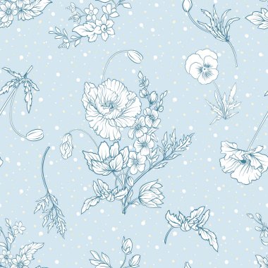 Haşhaş çiçekleri, nergis, anemon, violet ile Seamless Modeli