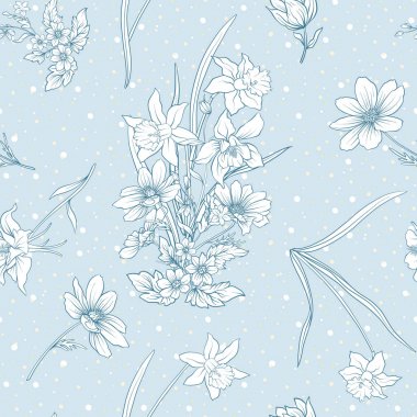 Haşhaş çiçekleri, nergis, anemon, violet ile Seamless Modeli