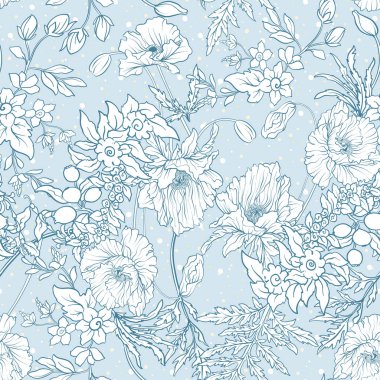 Haşhaş çiçekleri, nergis, anemon, violet ile Seamless Modeli