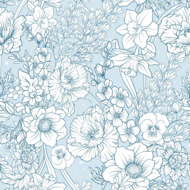 Haşhaş çiçekleri, nergis, anemon, violet ile Seamless Modeli