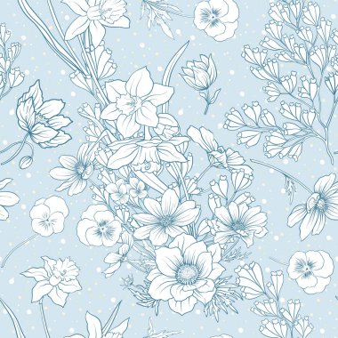 Haşhaş çiçekleri, nergis, anemon, violet ile Seamless Modeli