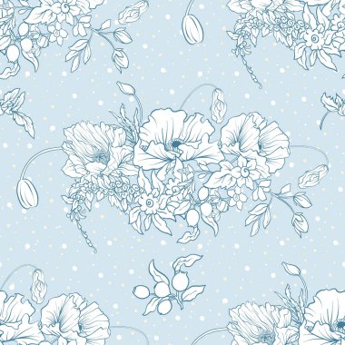 Haşhaş çiçekleri, nergis, anemon, violet ile Seamless Modeli