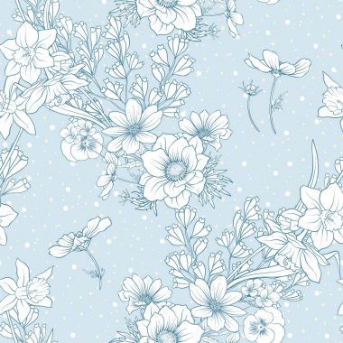 Haşhaş çiçekleri, nergis, anemon, violet ile Seamless Modeli