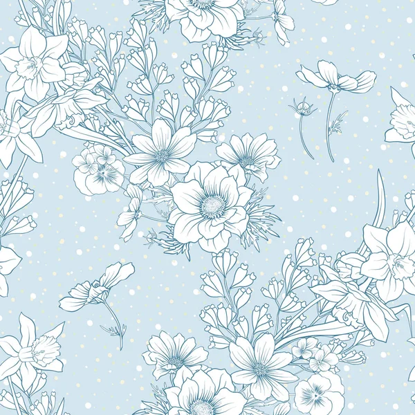 Haşhaş çiçekleri, nergis, anemon, violet ile Seamless Modeli