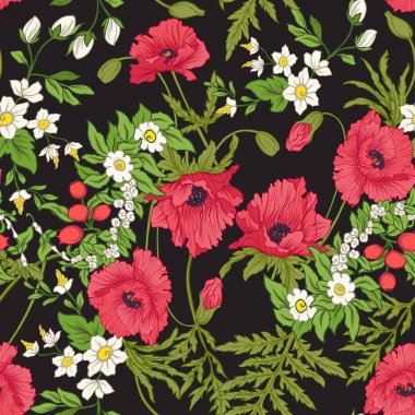 Haşhaş çiçekleri, nergis, anemon, violet ile Seamless Modeli