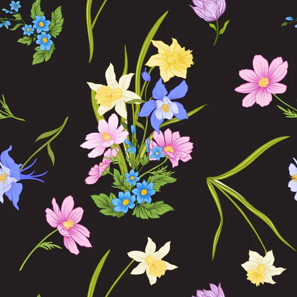 Naadloze patroon met poppy bloemen, narcissen, anemonen, violet — Stockvector