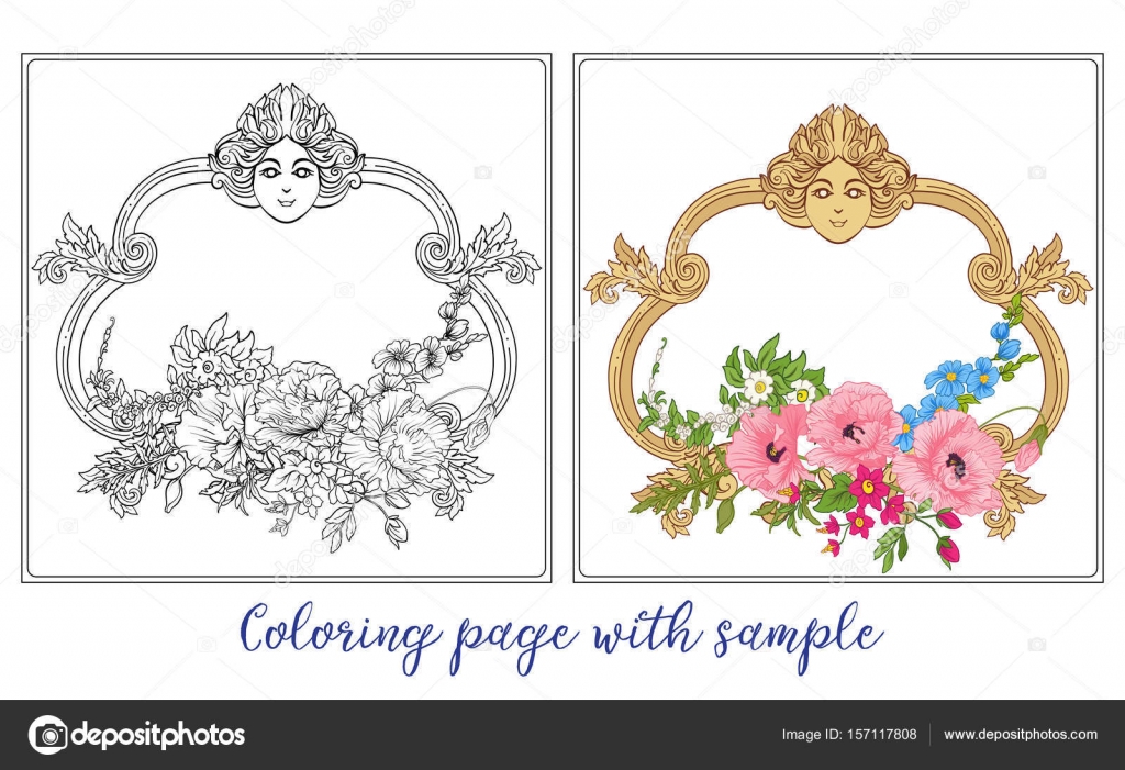 Set o muta e mazzo di fiori di estate colorata di papavero Narciso anemone Violetta in stile botanica con cornice d epoca rococ² Colorare per libro da