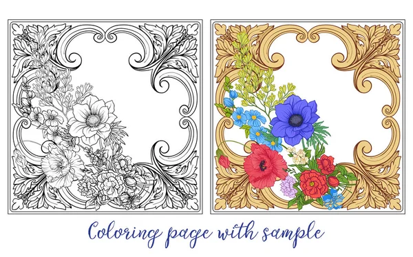Set o esquema y flores de verano de colores ramo de amapola, paja — Vector de stock