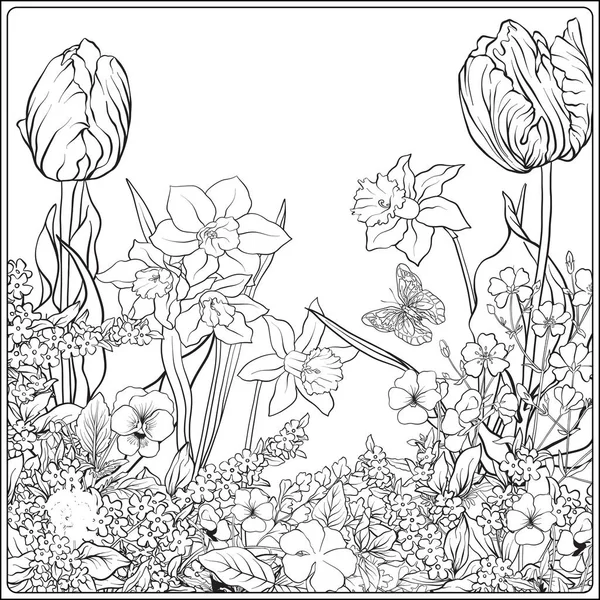 Composition avec fleurs printanières : tulipes, jonquilles, violettes, pour — Image vectorielle
