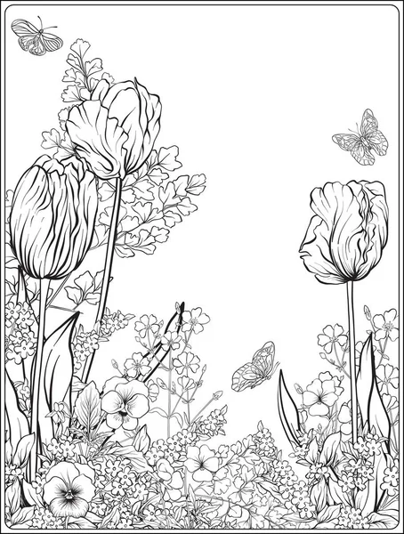 Σύνθεση με λουλούδια άνοιξη: daffodils, τουλίπες, βιολέτες, για — Διανυσματικό Αρχείο