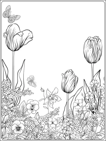 Composition with spring flowers: tulips, daffodils, violets, for