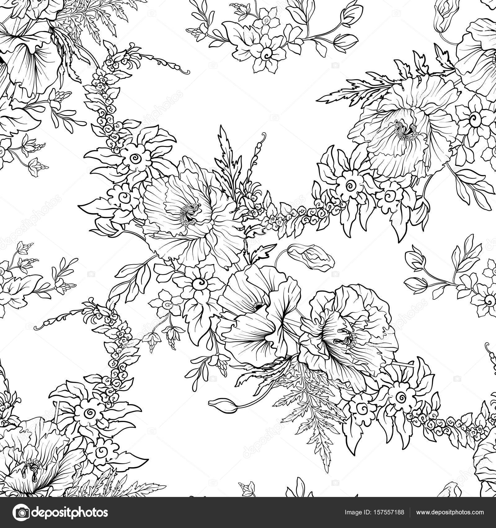 Modello senza cuciture con i fiori del papavero Narciso anemone Violetta in botanica stile vintage Delineare il disegno da colorare per adulti da