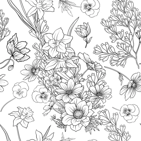 Motif sans couture avec des fleurs de pavot jonquille, anémone, violet dans — Image vectorielle