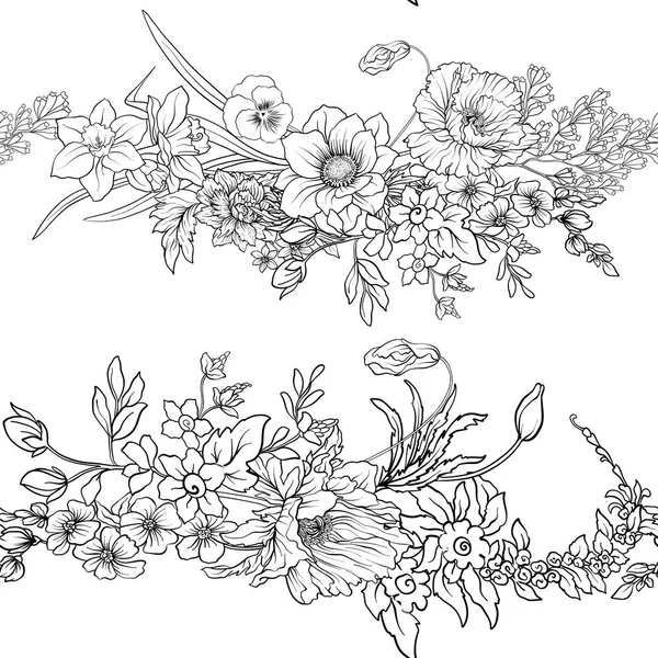 无缝模式与罂粟花朵水仙花、 海葵、 紫 — 图库矢量图片