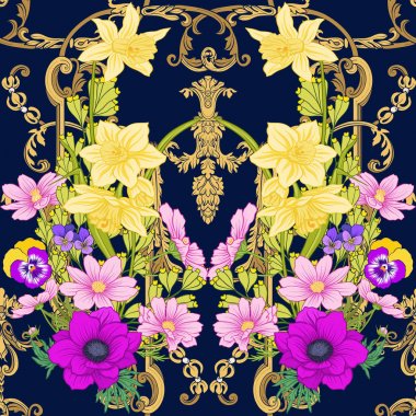 Haşhaş çiçekleri, nergis, anemon, violet ile Seamless Modeli