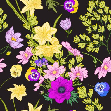 Haşhaş çiçekleri, nergis, anemon, violet ile Seamless Modeli